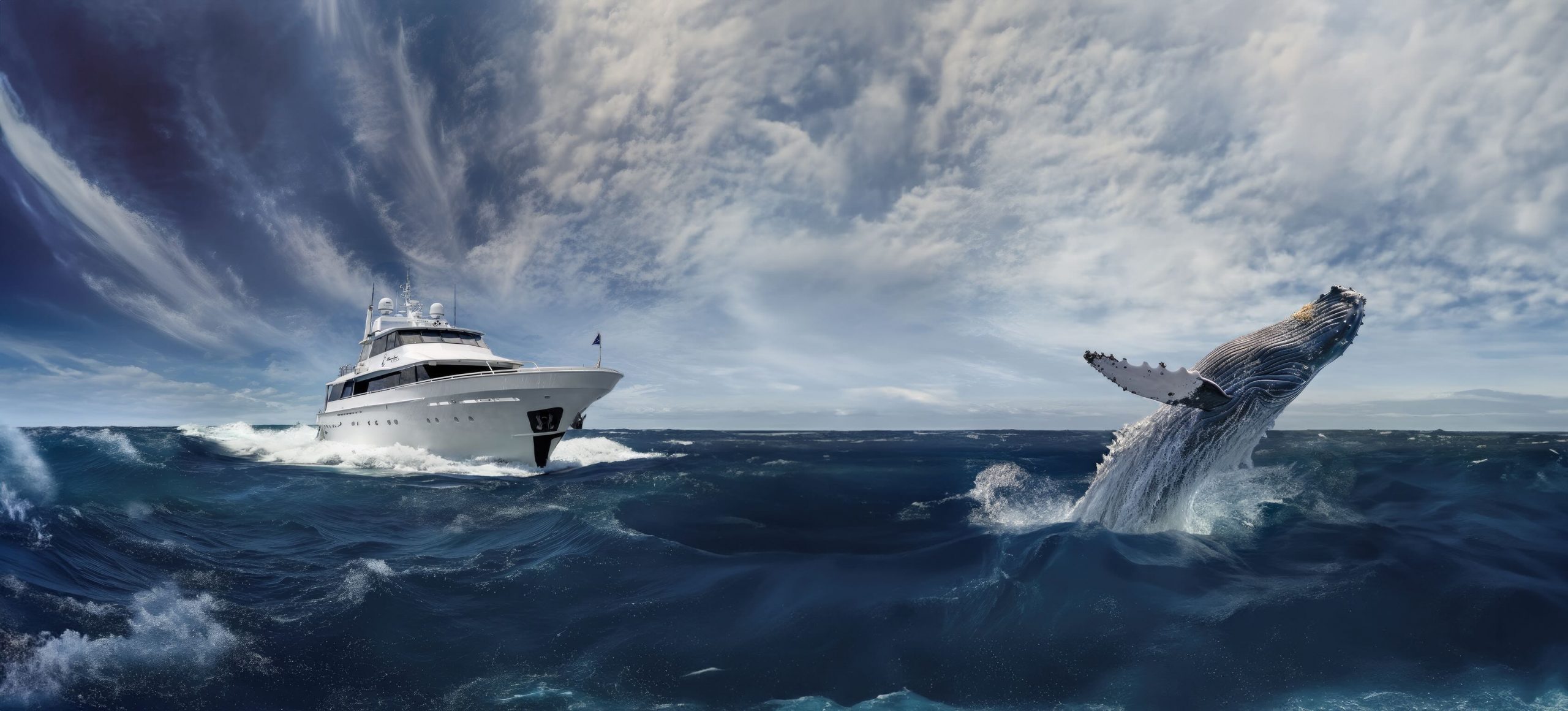 Real and AI images combine to show a whale breaching in the ocean in front of a super yacht